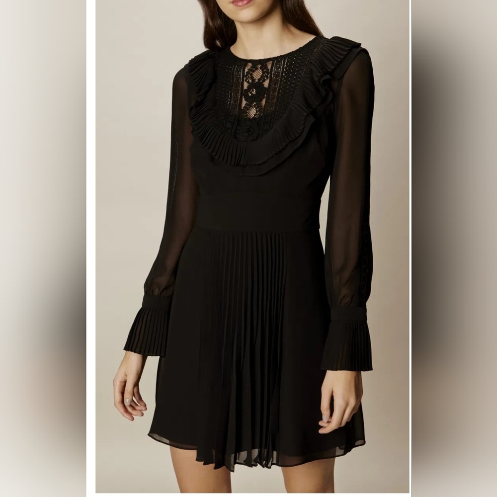 Karen Millen Black Lace Ruffle Boho Dress Size 4 Romantic Feminine Cocktail